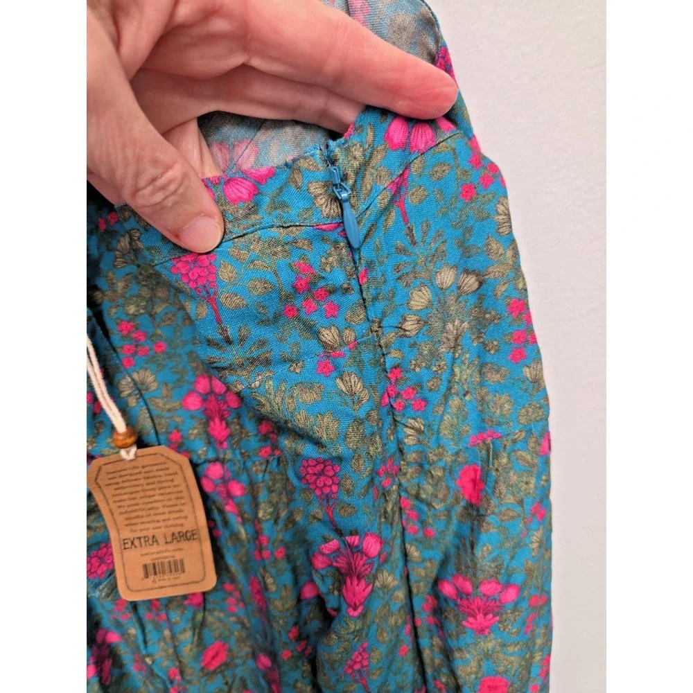 NWT‎ NATURAL LIFE Jumpsuit XL Wide Leg Floral Teal Boho Tie Front Adjust Straps